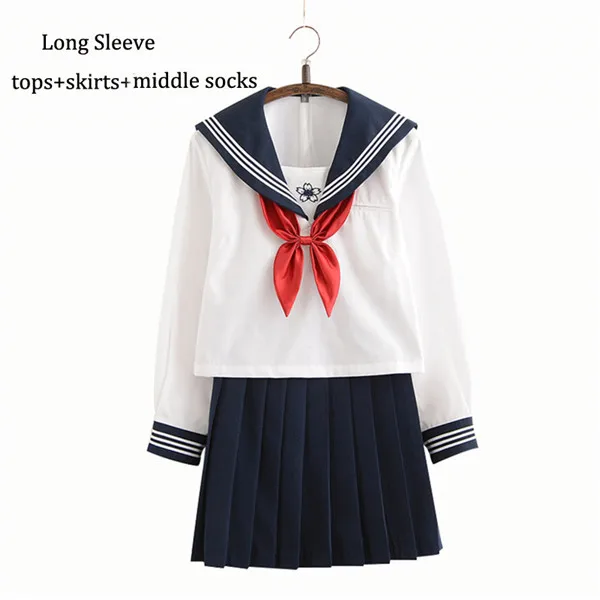 long set middle sock Новое поступление, японские JK наборы, школьная форма для девочек, Сакура, вышивка, осень, школа, для женщин, новинка, моряк, костюмы униформы, XXL - Цвет: long set middle sock