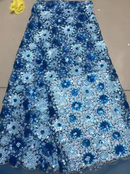 

African Lace Fabric 2019 High Quality Lace, Sequins Embroidery Tulle Lace Fabric, African Lace sequins 5 Yards Blue