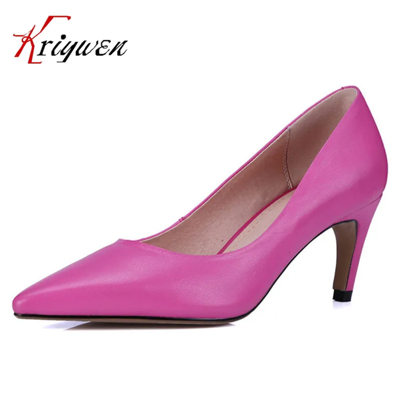 

Black rose red pink cowhide leather Fall 2016 shallow high-heeled shoes pointed Toe office lady Pumps for female career shoes