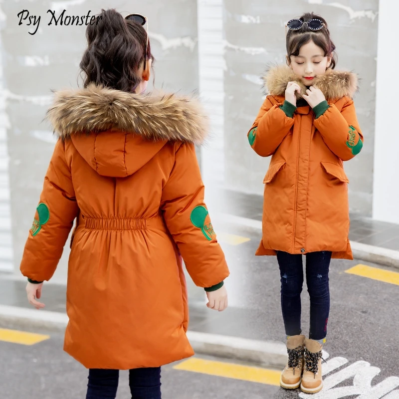 

Girls Cotton Jackets New Korean Children Hooded Fur Collar Jacket Long Kids Winter Slim Waist Thickening Coat