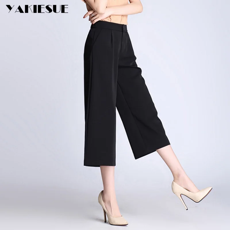 Wide Leg Pants Capris Women Loose High Waist Elastic Calf Length Straight  Capri Pants Casual Ol Office Work Wear Female Trousers - Pants u0026 Capris -  AliExpress