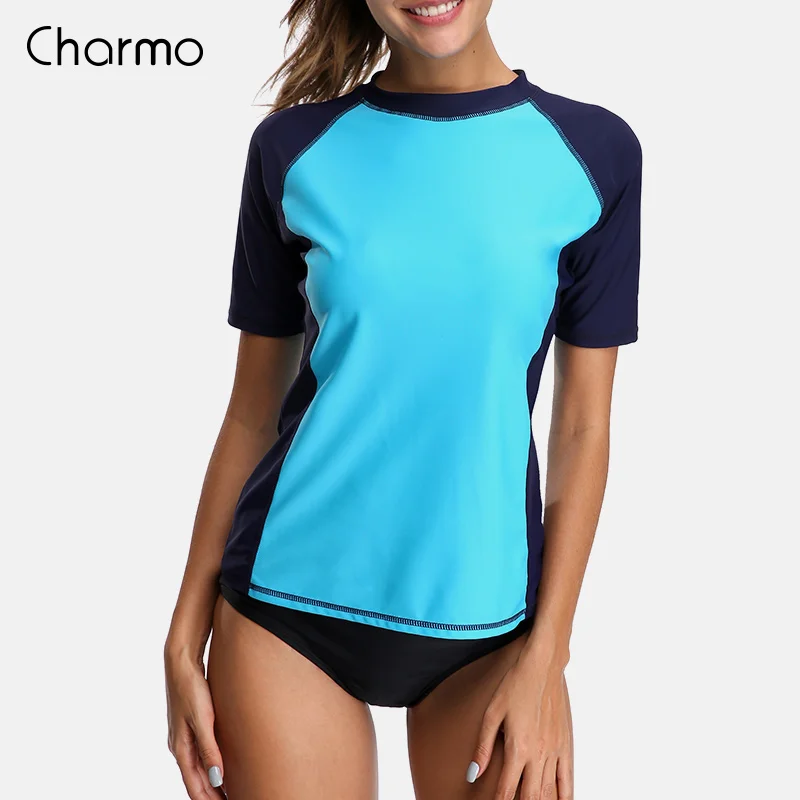 Charmo, женские рубашки с коротким рукавом, Рашгард, купальник для серфинга, топ UPF 50+, рубашка для бега, велосипедная рубашка, купальник, костюм для серфинга - Цвет: BLUE
