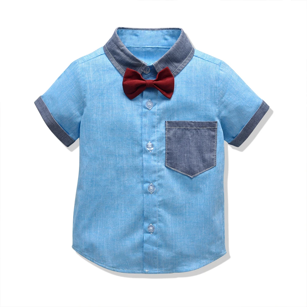 Топ и топ, летний комплект одежды для маленьких мальчиков, рубашка с короткими рукавами и галстуком-бабочкой+ комбинезон, повседневный костюм из 2 предметов, праздничная одежда для маленьких мальчиков