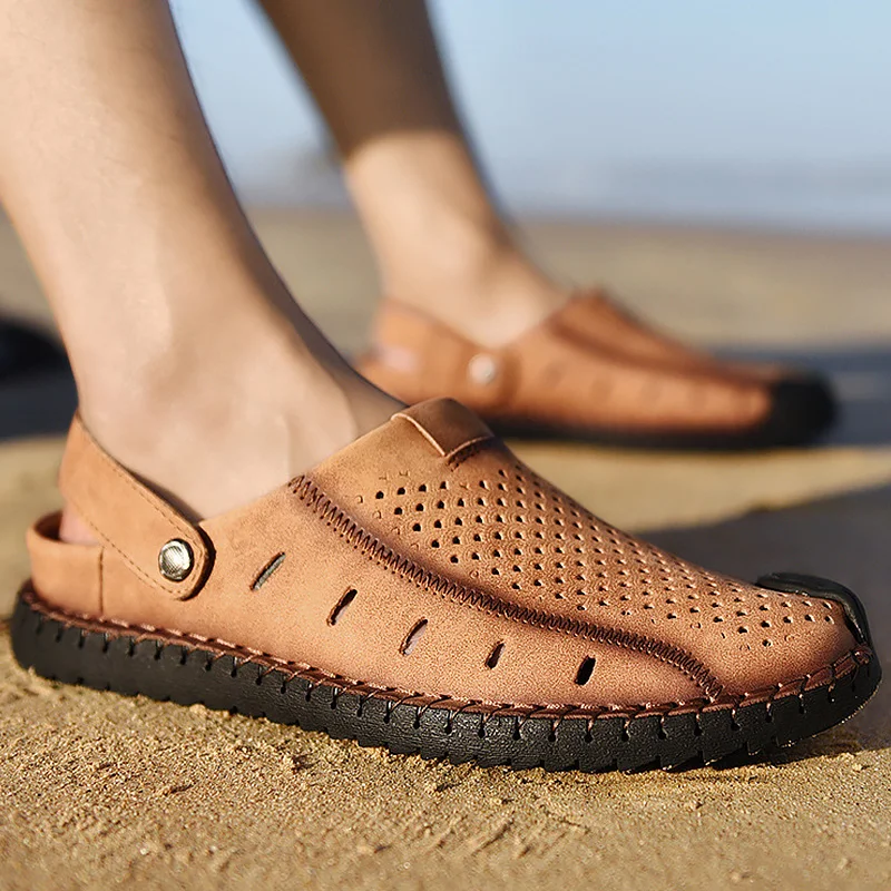 

Large Size 45-46 Men's Clogs Summer Hollow Sewing Beach Sandals Male Slip-On Microfiber Breathable Casual Shoes For Men