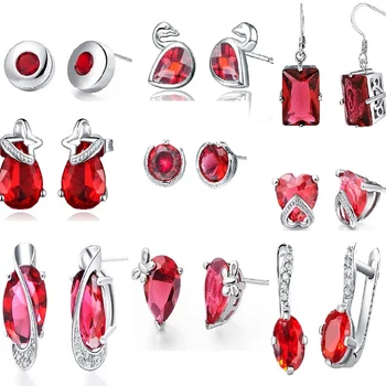 

2016 925-sterling-silver Earrings For Women Geometric Crystal Round Square Red Cubic Zirconia Rhinestone Stud Earrings Women