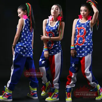 

2015 Summer New Fashion Harem Hip Hop Dance wear letter B loose top Costumes Blue breathable sleeveless vest