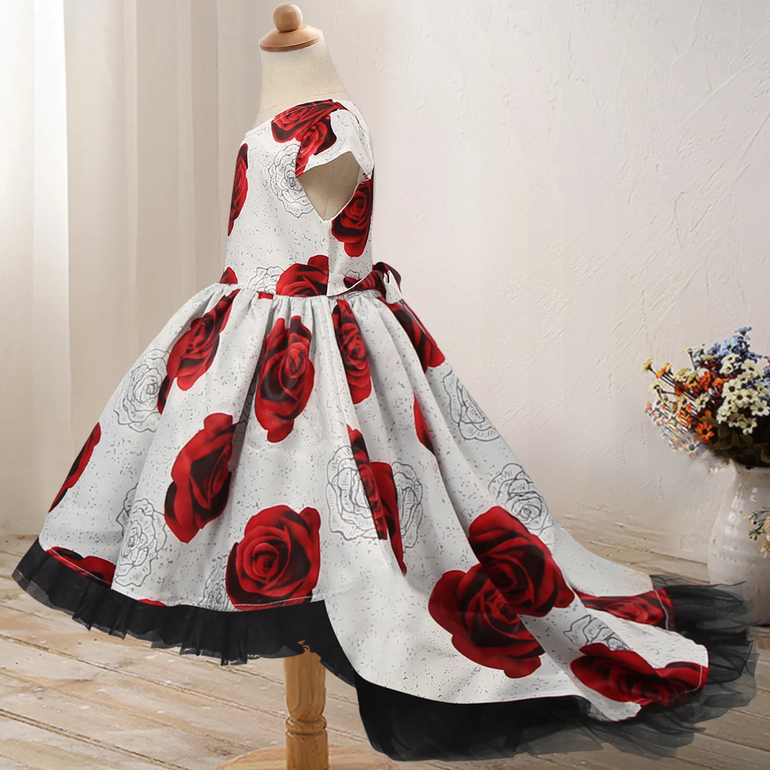 

New Girls Party Dress Kids Rose Printed Tulle Party Dress Formal Princess Dress Vestido