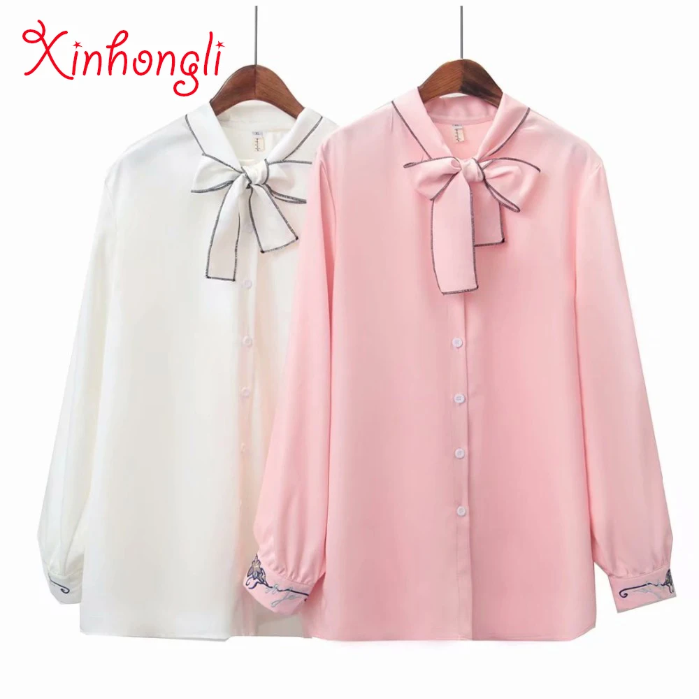 

Plus size Embroidery sleeve stand collar Chiffon women shirts NEW 2019 spring summer casual ladies bow neck loose blouse female