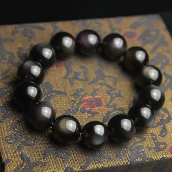 

Genuine Natural Black Obsidian Rainbow Light Bracelets Gemstone Bracelet Round Beads Stretch 14mm Man Lady AAAAA