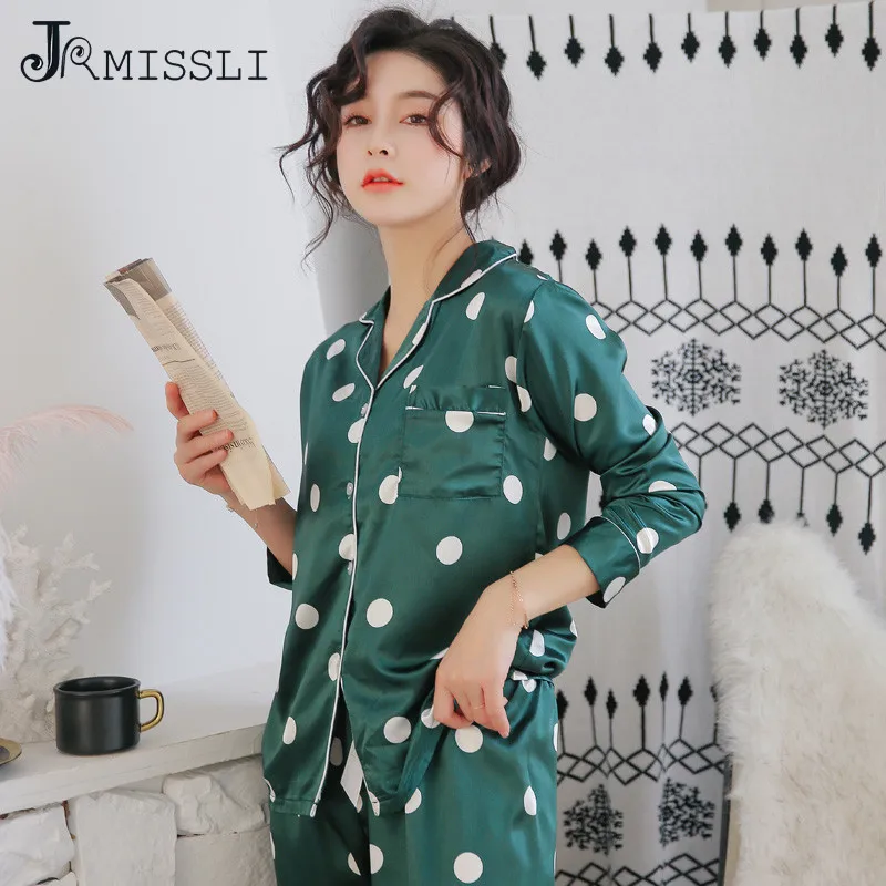JRMISSLI бренд пижамы из искусственного шелка наборы для ухода за кожей в горошек Атлас пижамный комплект двойка женский Домашняя одежда