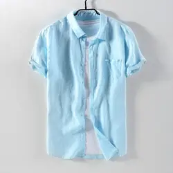 Новый бренд с коротким рукавом льняные рубашки мужские повседневные квадратный воротник Твердые рубашка Мужская модная дышащая льняная