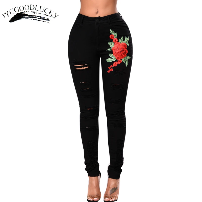 Black Embroidery Jeans Mid Waist Ripped Slim Skinny Jeans Woman Push Up