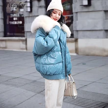 Fitaylor белая парка на утином пуху зимняя куртка для женщин большой натуральный меховой воротник яркое боковое пальто Женская свободная зимняя верхняя одежда