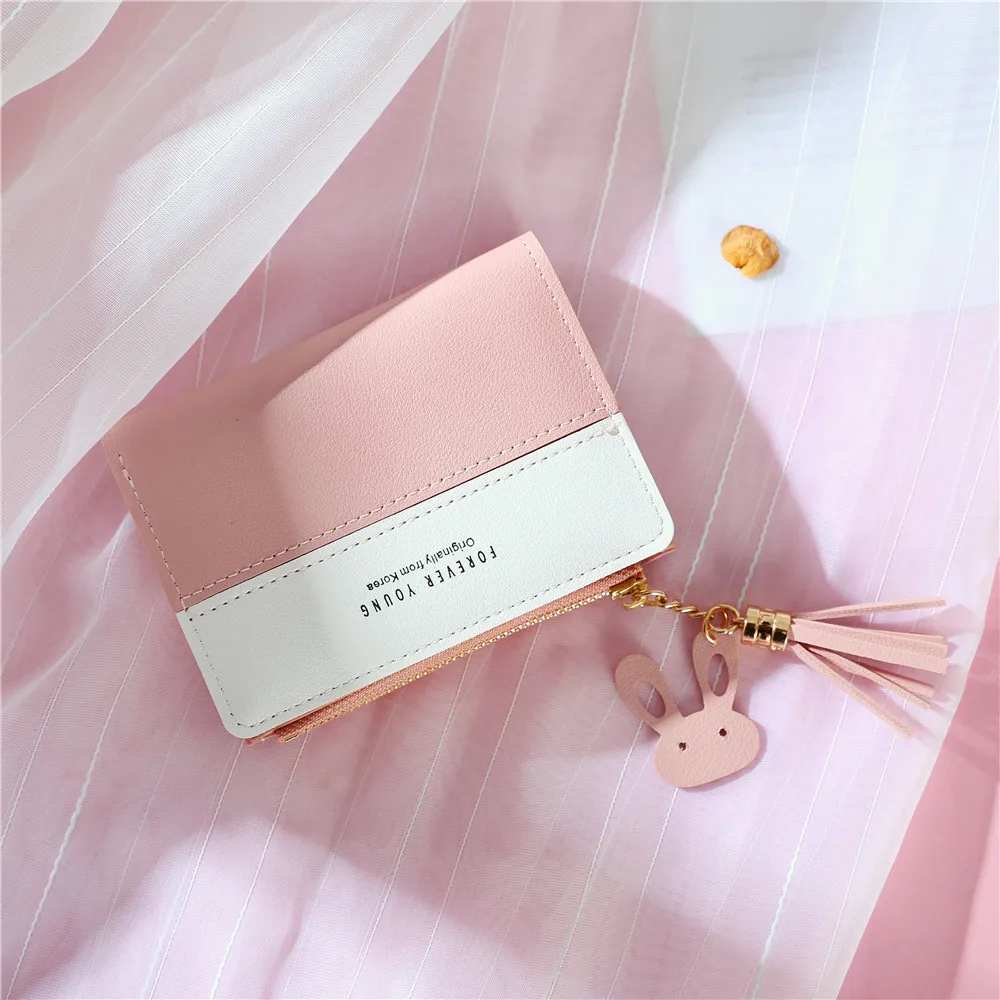 

Women Short Wallet Panelled Letters Small Zipper Purse Tassel Soft Wallets Cute Rabbit Simple Card Holder Red Pink Money Bag