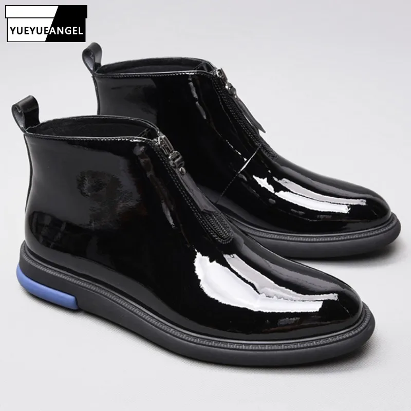 Men Formal Patent Leather Ankle Boots Fashion High Quality Zipper Pointed Toe Boots Hombre