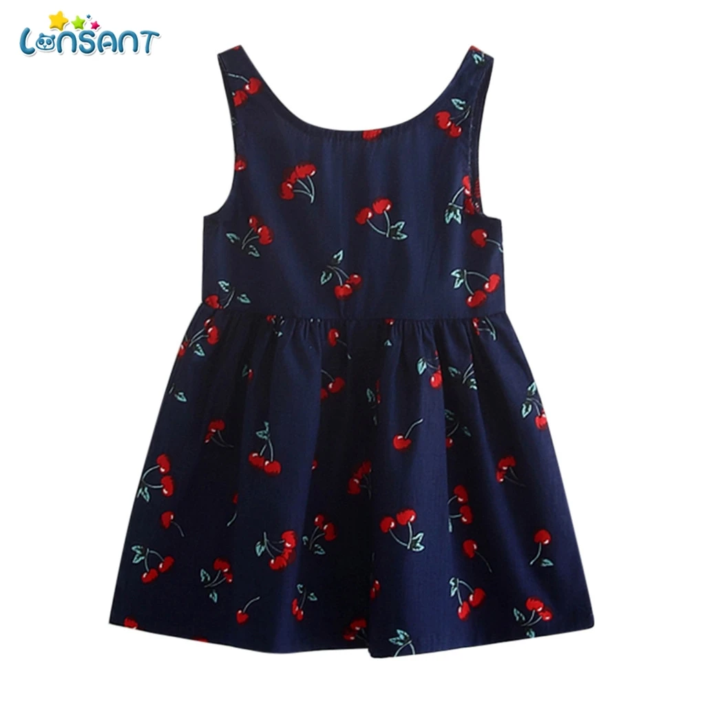 LONSANT/летние Cherry для маленьких девочек, Хлопковое платье трапециевидной формы без рукавов с бантом и открытой спиной для маленьких девочек, платье принцессы