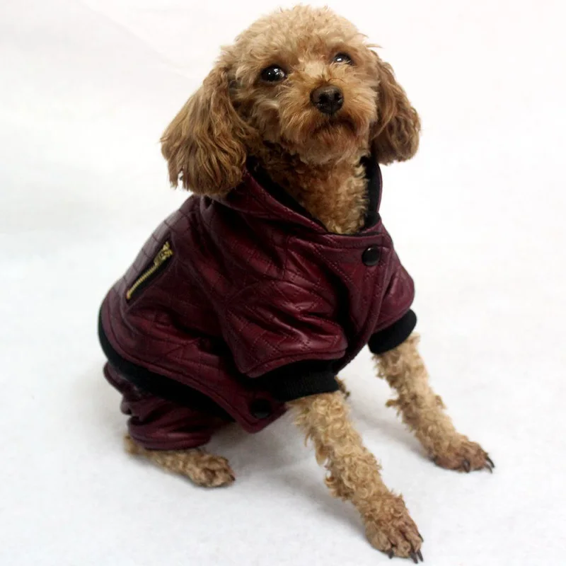 Зимнее кожаное пальто для собак, одежда съемный комплект из двух предметов, куртка для собаки, теплые толстовки с капюшоном с четырьмя ножками, ветрозащитный комбинезон