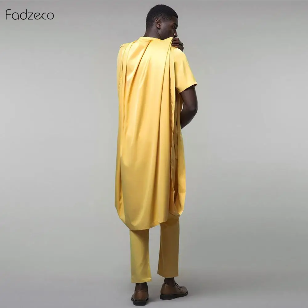 Fadzeco Agbada Мужская африканская вышивка Дашики желтый Doudou топы Короткий рукав брюки 3 шт размера плюс мужская одежда халат Базен