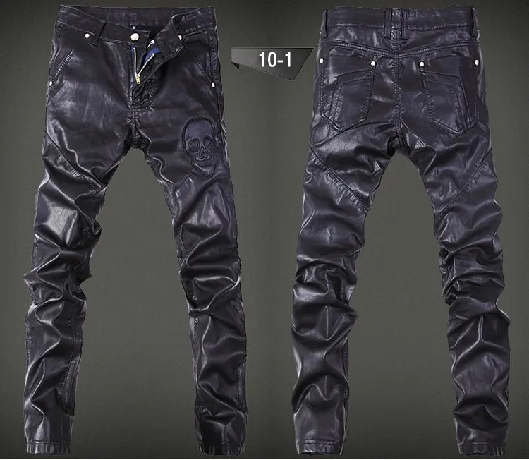 20,19 новые весенние осенние персонализированные потертые обтягивающие кожаные брюки мужские повседневные облегающие мотоциклетные кожаные брюки мужские 28-36 - Цвет: 10  1