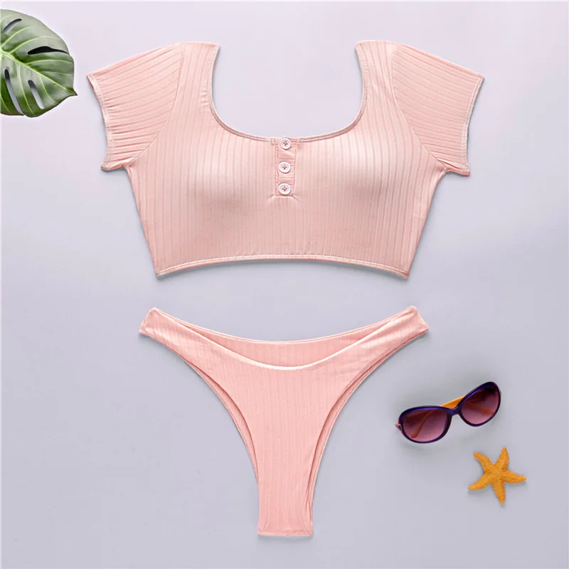 Bikini 1 Вязаное бикини пуш-ап купальник женский купальник с открытой спиной летний пляжный купальник с коротким рукавом - Цвет: Bikini 1