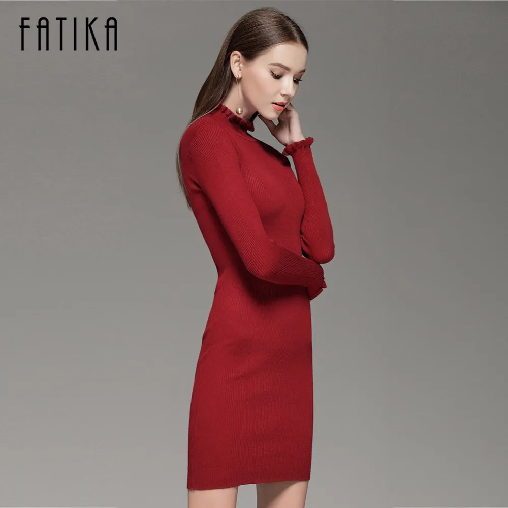 FATIKA Мода 2017 женское облегающее платье с длинным рукавом и высоким воротом