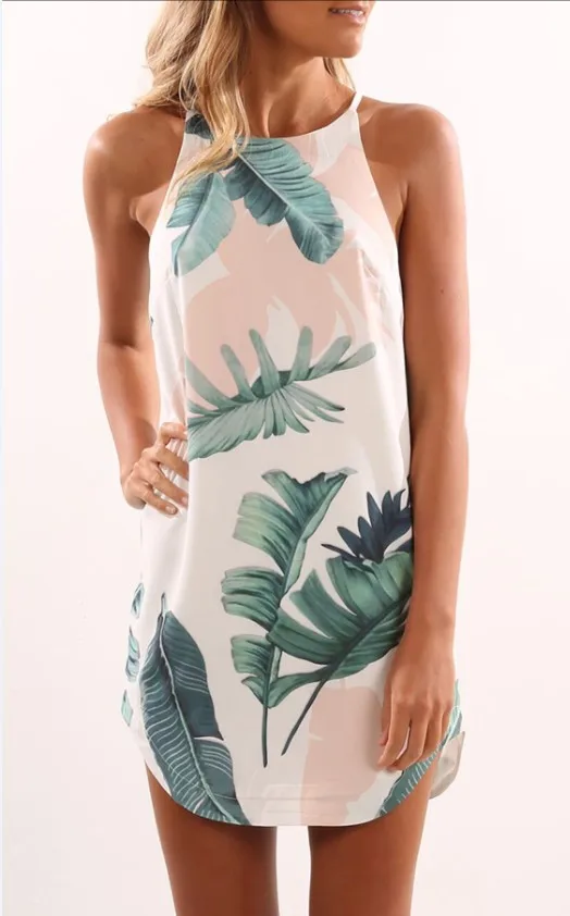 

Fashion Palm Leaf Print Summer Dress Women Casual Halter O Neck Tank Dress Boho Mini Dresses Female Beachwear Sundress XL
