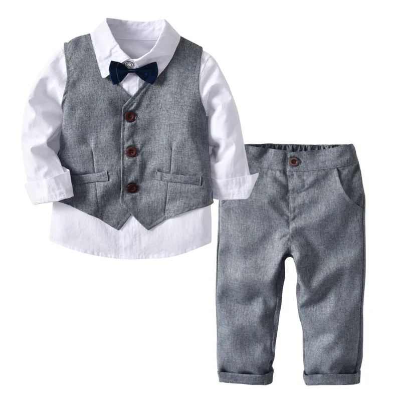 

2019 Boys Gentleman Suits Kid Boys Long Sleeve Shirts+Gray Vest+Trousers+Bow Tie 4Pcs Boys Autumn Set Bebes Winter Treasure Suit