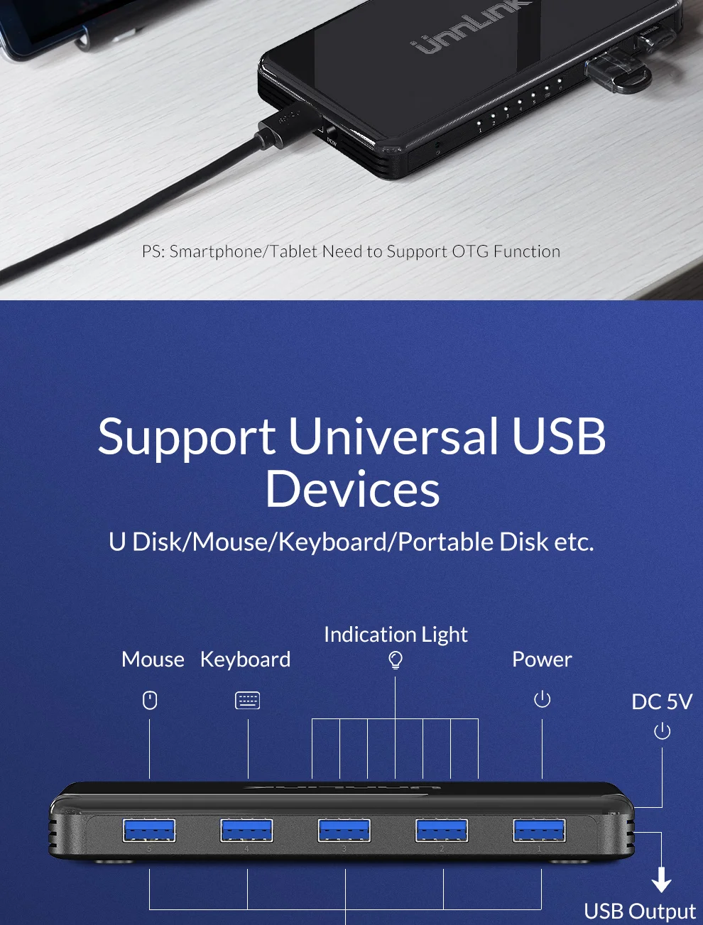 Unnlink USB 3,0 концентратор 7 портов 1X7 USB высокоскоростной разветвитель данных 5 гбит/с адаптер для мыши клавиатуры ноутбука ультрабук компьютер U диск