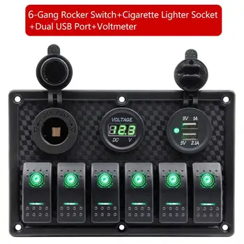 

12V-24V 240W 6 Gang Green LED Rocker Switch Panel Dual USB Cigarette Lighter Socket Voltmeter Switch Panel Circuit Breaker