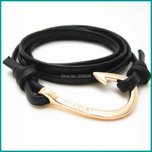 Hot Ing Miansai Rose Gold Fish Hook Bracelet Leather With Logo Hot Ing Miansai Rose Gold Fish Hook Bracelet Leather With Logo On