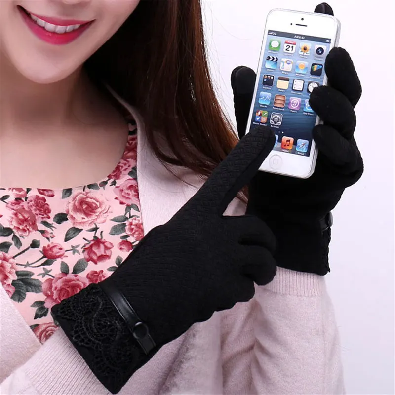Сенсорный экран леди корейской версии женские перчатки сладкий кружева наручные согреться вождения Женские варежки XSS12