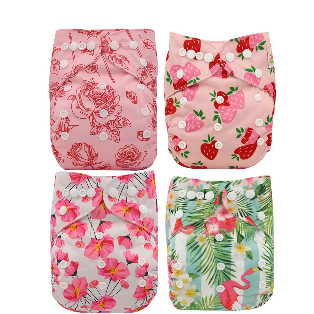 

Ohbabyka 4Pcs/set Waterproof Reusable Infant Pocket Cloth Diaper Flamingo Baby Diaper Covers Size Adjustable Baby Training Pants