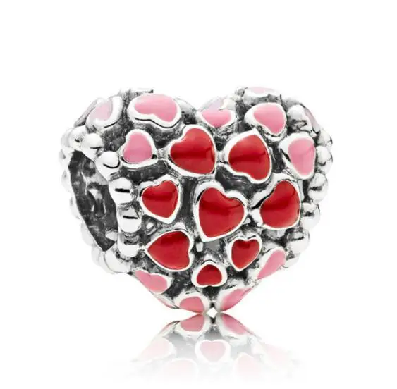 925 пробы серебряный шарм ажурные розовый и красная эмаль взрыв бусины-сердечки Fit для женщин Pandora браслет цепочки ожерелья Diy ювелирных