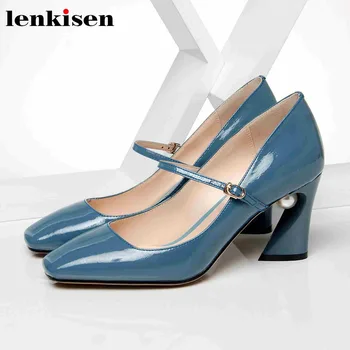 

Lenkisen genuine leather square toe pearl-studded strange high heel slip on plus size metal buckle gladiator career pumps L37