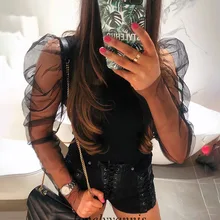 Новинка, модные женские топы из прозрачной сетки с длинным рукавом и воротником-стойкой, женские Однотонные блузки, рубашки черного и белого цвета