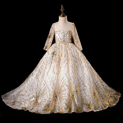 

100%real children girl sequined flower golden/silver ball gown dress lolita pegeant queen/princess cos girl