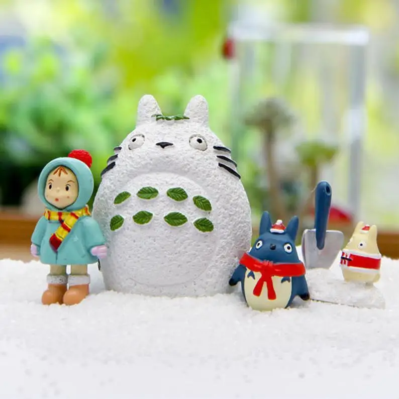 

Fairy Garden Set of 4 Tiny Winter Totoros and Girl Play With Snow Ghilbi Figurine Garden Decor Terrarium Accessories