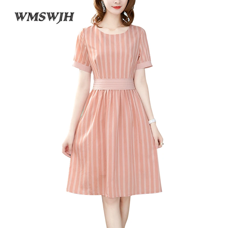 

2019 New Arrivals Women Dress Summer Chiffon Casual Dress Fashion Short sleeve Stripe Office Lady Dresses Elegant Vestidos