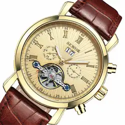 SEWOR календари Tourbillon Авто Механические Мужские часы лучший бренд класса люкс кожаный ремешок наручные часы erkek коль saati Montre Homme