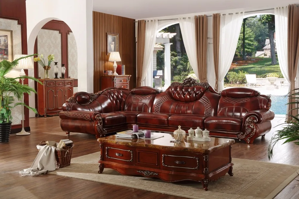 Amerikaanse lederen bankstel woonkamer sofa China houten frame L hoekbank blauw|corner sofa|room sofaamerican leather sofas -
