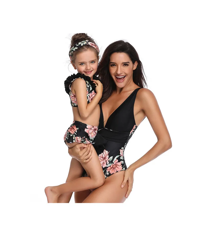 Mother Daughter Swimwear Mom Baby Girl Print Floral Swimming Bikini Women Kids Beach Clothing Mommy and Me Two Pieces Swimsuit
