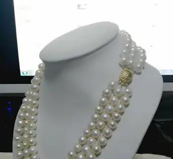 

Natural triple strands 8-9mm white pearl necklace 17"-19" YELLOW CLASP