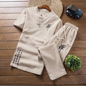 

Pure Cotton Stand Collar Men T Shirt and Trousers Classic Summer Comfortable Breathable Men 2 Piece Set Chinese Style Embroidery
