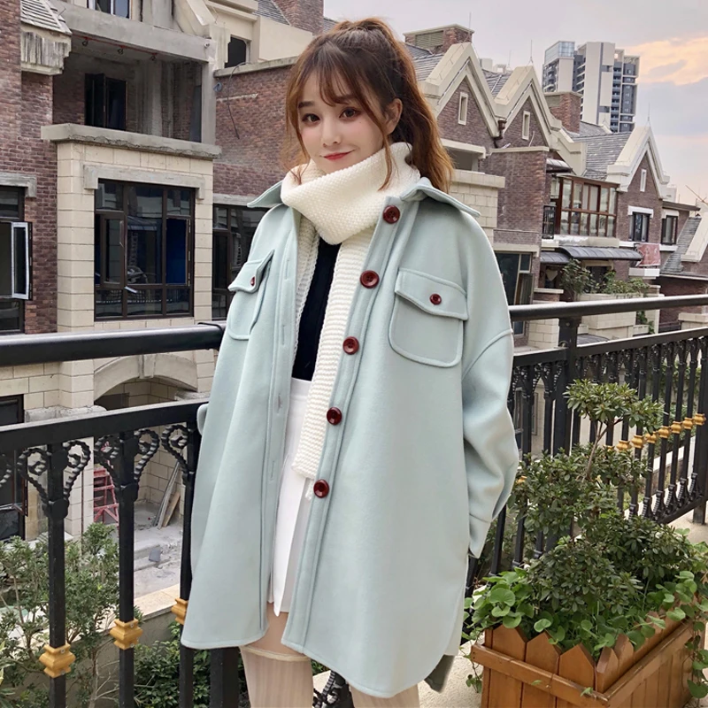 

Autumn Winter Vintage Woolen Coat Women Loose Single Breasted Drop Shoulder Korean Long Jackets Female Fashion Blends Coats