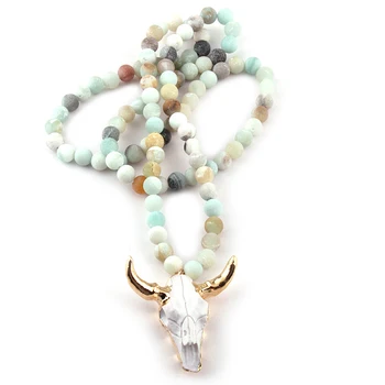 

Free Shipping Fashion Frosted Amazonite Stones Horn Pendant Necklace For Ethnic Necklace