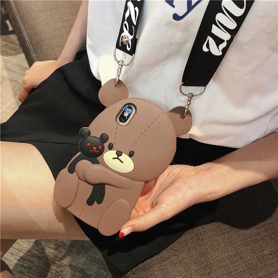 

For iphone 8 7 plus X 6 6s plus case cover 3d cartoon bear with shoulder strap shockproof protective phone bag Ritozcase