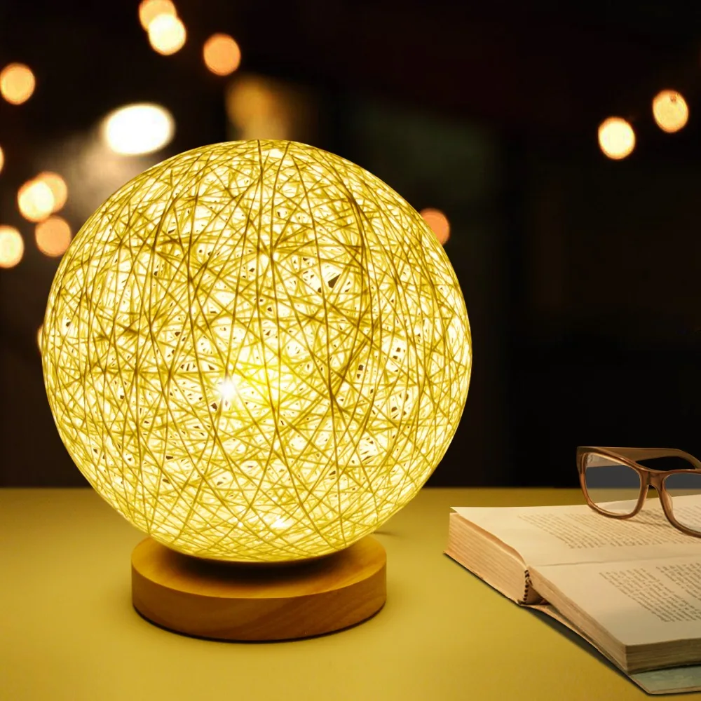 Dimmable Rattan Ball Night light swivel Switch Bedroom Bookcase table