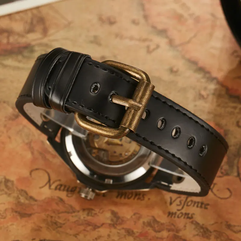 Vintage Men Automatic Mechanical Watch Bronze Case Gold Skeleton Dial Steampunk Leather Self Winding Male Mens Wristwatch Clock
