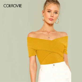 

COLROVIE Yellow Off the Shoulder Wrap Slim Fit Bardot Elegant Knit T-Shirt Women 2019 Summer Korean Basic Ladies Sexy Tee Shirts