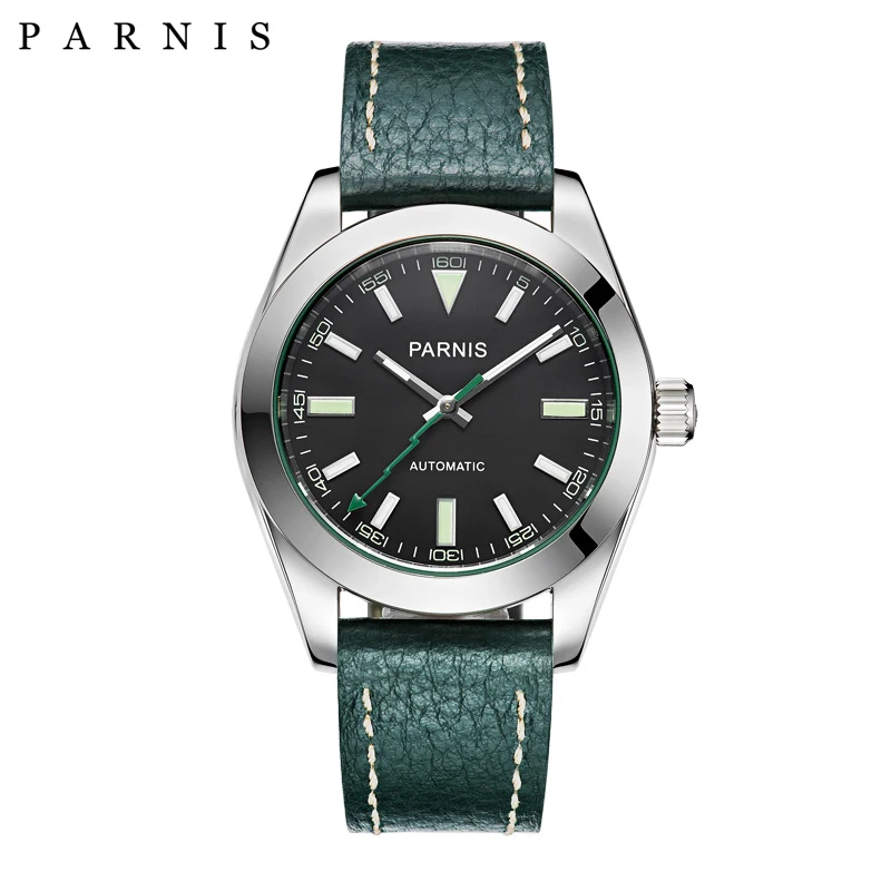 Parnis 40 мм для мужчин часы Механические сапфировое стекло черный кожаный ремешок Miyota 8215 с автоподзаводом Мужчин's часы мужские часы